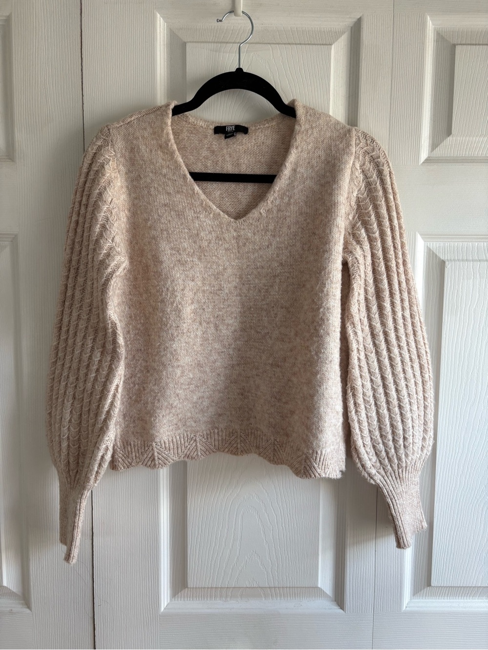 Frye Boxy Balloon Sleeve Sweater Oatmeal Beige Wool Academia Preppy XS Career